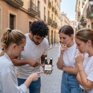 A group of four young friends stands on a street in Vaduz looking intently at a smartphone.