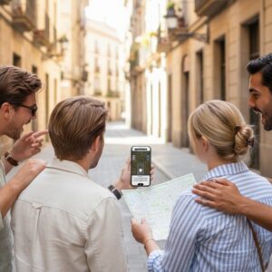 A group of four friends stands in a narrow street in Venlo, using a smartphone and a paper map.