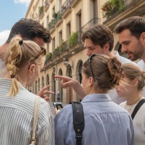 A group of young friends gather around a smartphone while exploring a historic city street in Ypres.