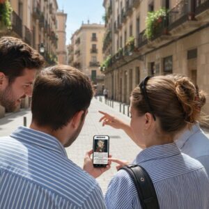 Four friends gathered around a smartphone while playing an outdoor discovery game on a historic street in Zaragoza.
