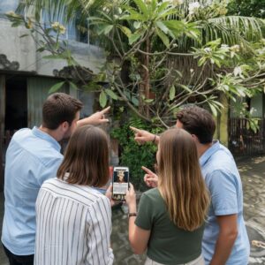 A group of four friends stand together, using a smartphone to play an exploration game in Denpasar.