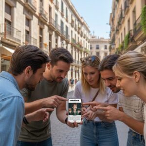 A group of five young friends gathered on a historic street in Seoul, looking intently at a smartphone.