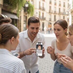 A group of young friends gather around a smartphone on a city street in Marrakesh.
