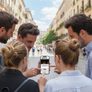 A group of friends stand together on a European city street looking at a Sherlock game on a smartphone.