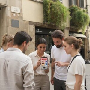 A group of five young friends gather around a smartphone on a city street in Barcelona.