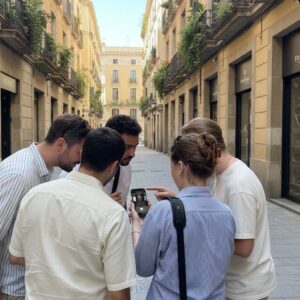 A group of five young adults stand in a narrow pedestrian street in Barcelona, looking at a smartphone.