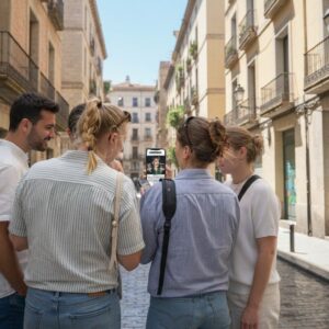 A group of young people standing on a cobblestone street in Perugia, looking at a smartphone together.