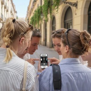 A group of five young women stand together on a historic street in Deventer, looking at a smartphone.
