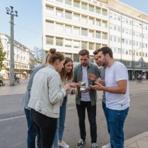 A group of five young friends stand together on a street in Dortmund, looking at a smartphone.