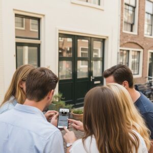 A group of four young friends stand together on a street in Leiden, looking at a smartphone.