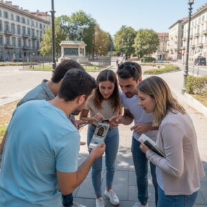 A group of five friends stands together in Piazza Solferino in Turin, looking at a smartphone.
