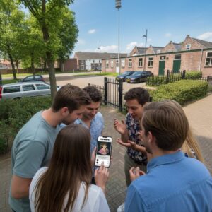 A group of young friends stand together on a sidewalk in Tilburg looking at a smartphone.