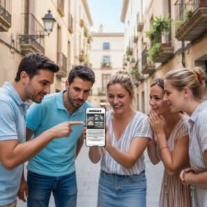 A group of five young friends smile as they play a Sherlock city game on a phone in Istanbul.