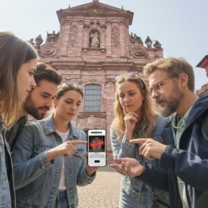 A group of five friends stands before the Jesuitenkirche in Heidelberg, playing a city game on a smartphone.