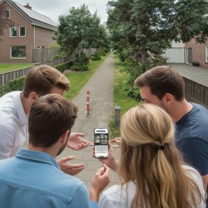 A group of four friends gather around a smartphone playing a city game in Nieuwleusen.