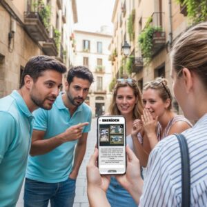 A group of friends looks at a smartphone while playing a Sherlock-themed city game in Trier.