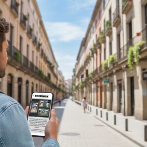 A young man from behind plays a Sherlock city game on his phone in Haarlem.