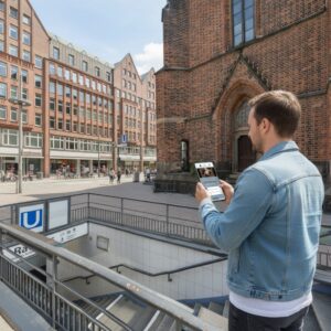 A man in a denim jacket plays a city game on his phone near St. Peter's Church in Hamburg.