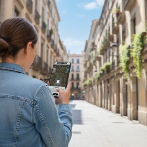 A woman seen from behind plays a city game on her smartphone on a historic street in Harderwijk.