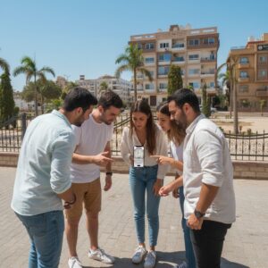 A group of five young friends gathered around a smartphone looking at the screen together in Hurghada.
