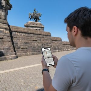 A young man playing a Sherlock-themed city game on his phone at the Deutsches Eck monument in Koblenz.