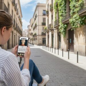 A young woman seen from behind plays a Sherlock detective game on her phone on a historic street in Kortrijk.