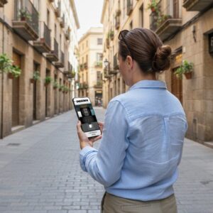 A woman seen from behind playing the Sherlock city game on her phone on a narrow cobblestone street in Kuala Lumpur.