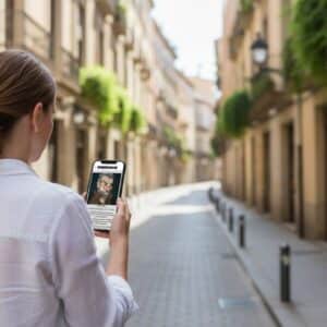 A woman from behind plays the Sherlock city game on her phone while standing on a narrow street in Kuta.