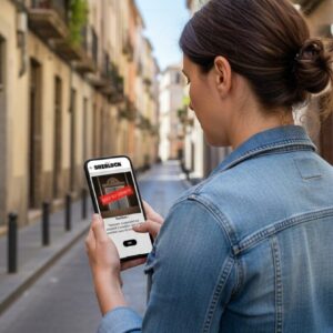 A woman stands on a narrow street in Larnaca, looking at the Sherlock game on her phone.