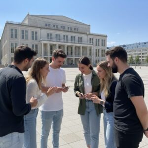 A group of six young people looking at their smartphones in Augustusplatz square in front of the Leipzig Opera.