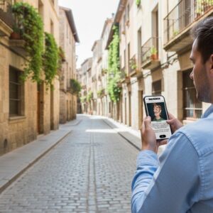 A man stands on a historic cobblestone street in Linkoping, looking at a city game on his phone.
