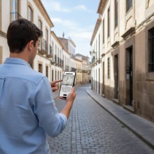 A man plays the Sherlock city game on his phone on a historic cobblestone street in Los Llanos de Aridane.