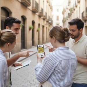 A group of four friends consult a smartphone and a map while playing a city game in Lyon.