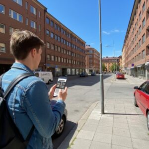 A young man stands on a sunny street corner in Malmö, looking at a city game on his smartphone.