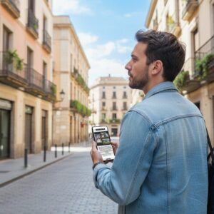 A man in a denim jacket holds a smartphone while standing on a cobblestone street in Rhodes.