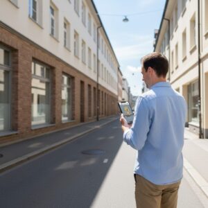 A man stands on a sunny street in Antwerp, looking at a game on his smartphone.