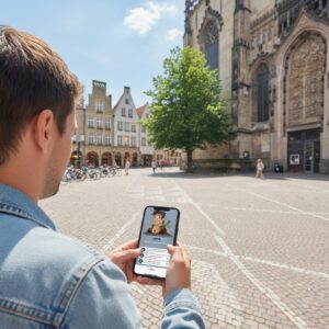 A young man plays a city game on his phone in the square before St. Lambert's Church in Münster.
