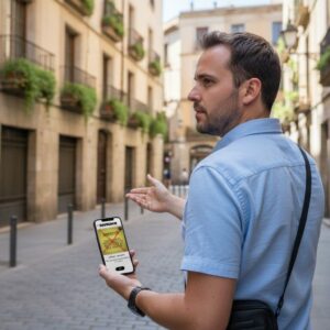 A man stands on a narrow cobblestone street in Alicante holding a smartphone with a game.