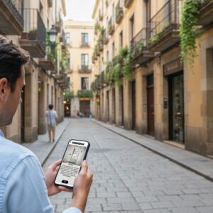A man plays a game on his smartphone while exploring a narrow historic cobblestone street in Ghent.