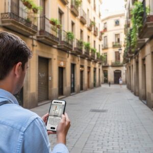 A man seen from behind looks at a smartphone while standing in a narrow cobblestone alley in Ivalo.