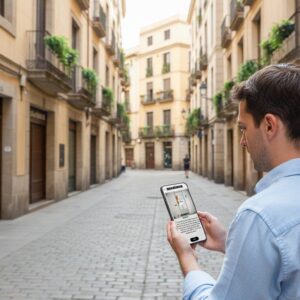 A man stands on a historic street in Phuket looking at a city exploration game on his smartphone.