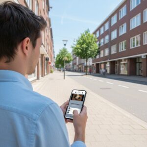 A young man seen from behind, playing a city game on his smartphone on a sunny street in Dusseldorf.