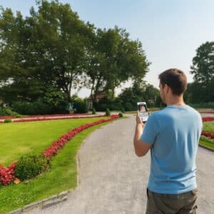 A man stands on a path in a beautiful park in Gelsenkirchen, looking at his smartphone.