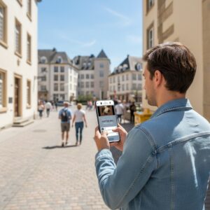 A man in a denim jacket plays a city game on his smartphone on a sunny cobblestone street in Luxembourg.
