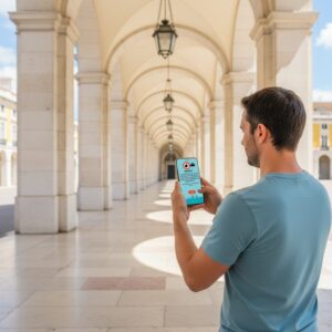 A man stands under the grand arches of Praça do Comércio in Lisbon while playing a game on his smartphone.