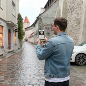 A man plays a city exploration game on his phone on a historic cobblestone street in Tallinn's Old Town.