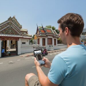 A man sits across from Wat Bowonniwet Vihara in Bangkok, using a smartphone to play a city game.