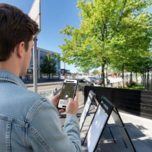 A man standing on a city street in Aalborg, playing a Sherlock-themed maze game on his smartphone.