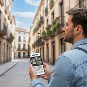 A man with a backpack plays the Sherlock city game on his phone while standing on a historic street in Delft.