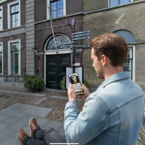A young man sits in front of a historic brick building in Dordrecht playing a game on his phone.